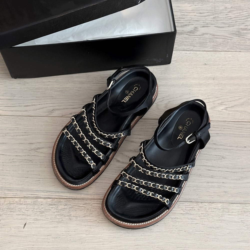 Chanel Black Satin and Goldtone Chain Flat Sandals